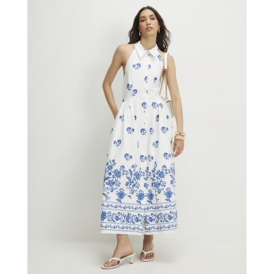 Cream Floral Halter Neck Maxi Shirt Dress | River Island