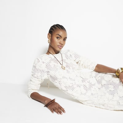 Cream Floral Lace Long Sleeved Maxi Dress