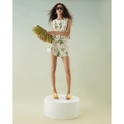 Cream Floral Linen Blend Shorts