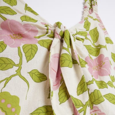 Cream floral linen bow cami top