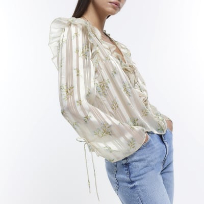 Cream floral long sleeve blouse