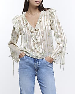 Cream floral long sleeve blouse