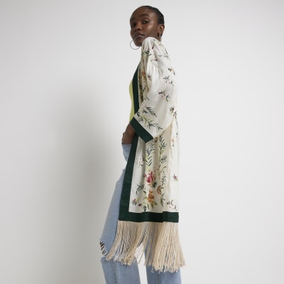 Cream floral longline kimono | River Island