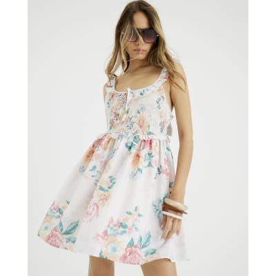 Cream Floral Mini Beach Dress