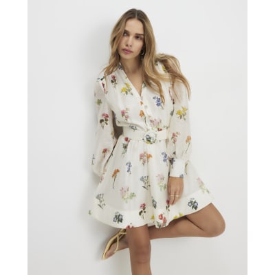 Cream Floral Mini Shirt Dress