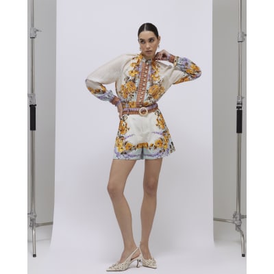 Cream Floral Print Belted Shorts