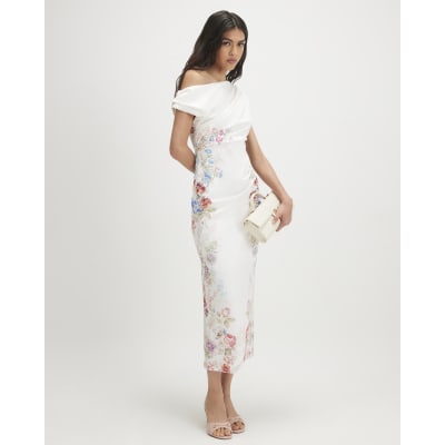 Cream Floral Print Drape Midi Dress | River Island