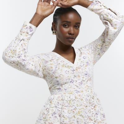 Cream floral print lace smock mini dress River Island