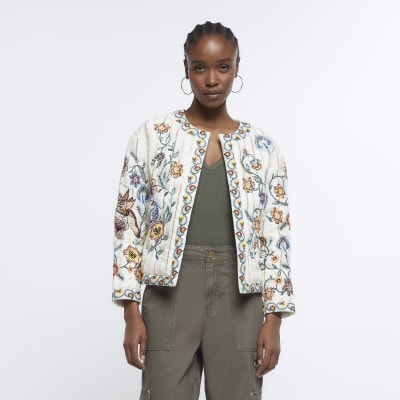 Cream Floral Quilted Jacket River Island