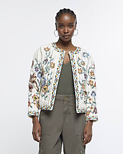 Cream Floral Quilted Jacket