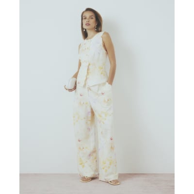 Cream Floral Scallop Trim Wide Leg Trousers