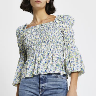 Cream floral shirred puff sleeve blouse top