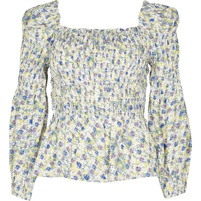 Cream floral shirred puff sleeve blouse top