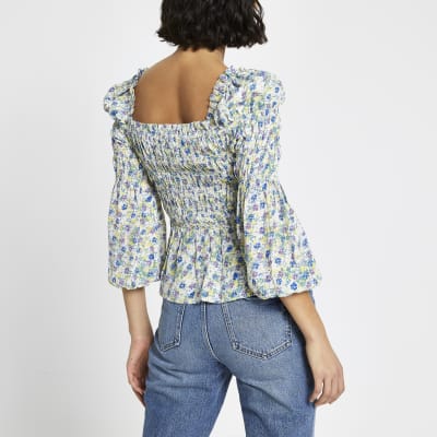 Cream floral shirred puff sleeve blouse top