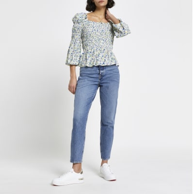 Cream floral shirred puff sleeve blouse top