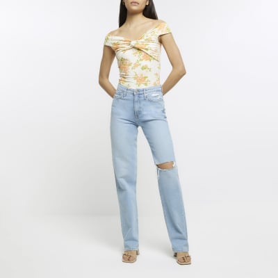 Cream floral twist front bardot top