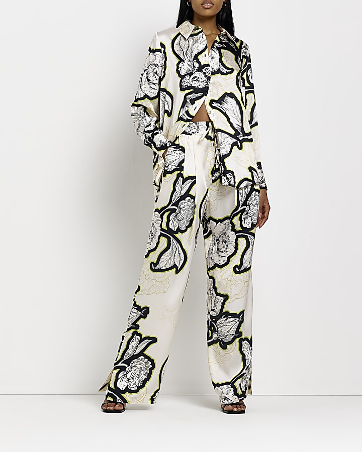 Cream floral wide leg trousers