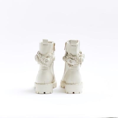 Cream flower detail biker boots River Island