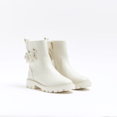 Cream flower detail biker boots River Island