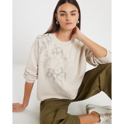 Cream Flower Diamante Embellished Sweatshirt
