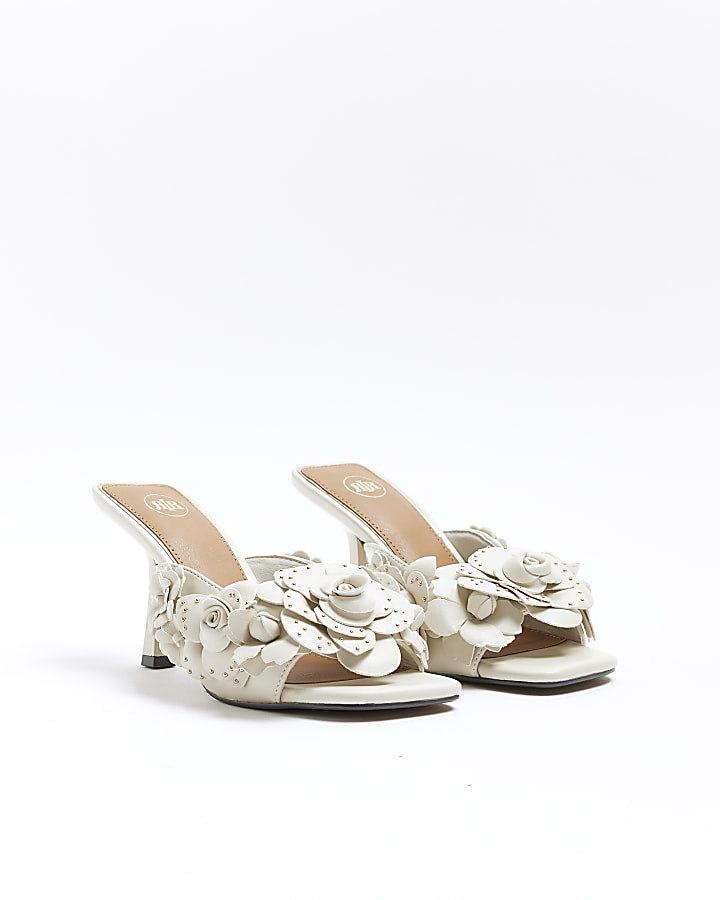 Cream flower heeled mule sandals | River Island