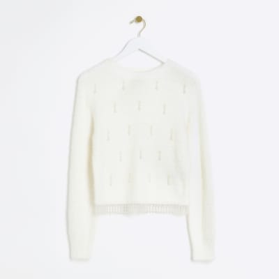 Cream fluffy embellished jumper River Island
