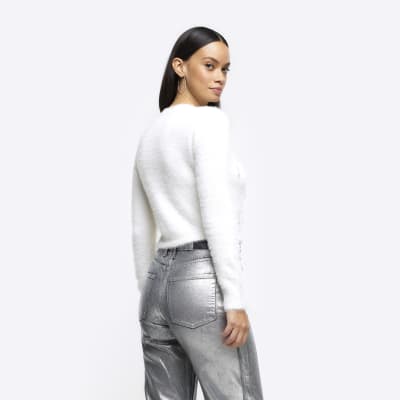 Cream fluffy embellished jumper River Island