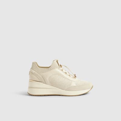 Cream Flyknit Toggle Sequin Wedge Trainers
