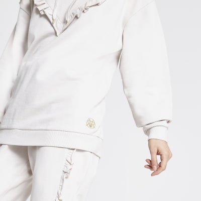 Cream frill chevron ribbed hoodie
