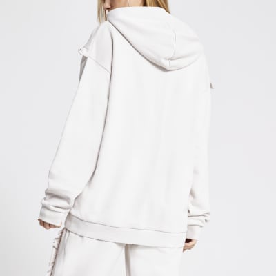 Cream frill chevron ribbed hoodie