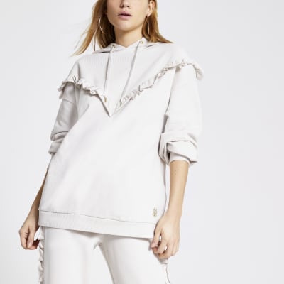 Cream frill chevron ribbed hoodie