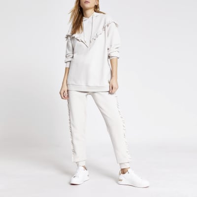 Cream frill chevron ribbed hoodie