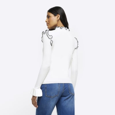 Cream frill detail jumper River Island