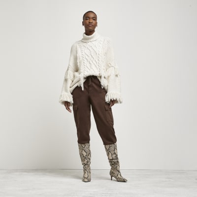 Cream fringe detail cable knit jumper River Island