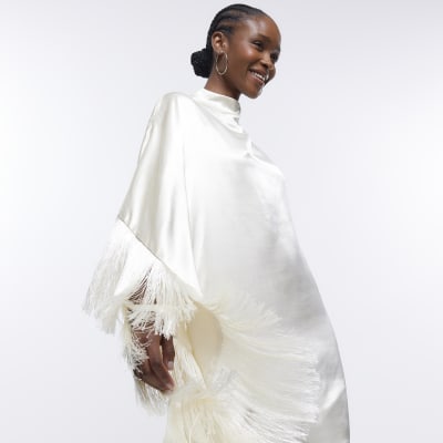 Cream Fringe Long Sleeve Midi dress