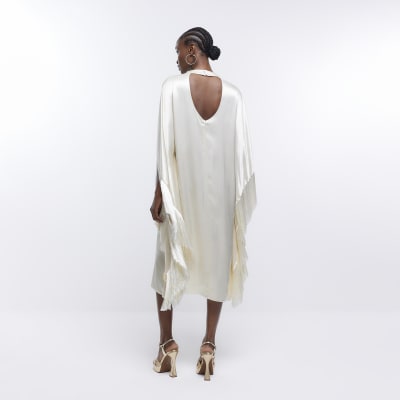 Cream Fringe Long Sleeve Midi dress