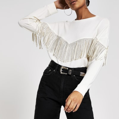 Cream fringe print western sweatshirt