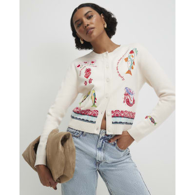 River Island Cream Fun Embroidered Cardigan