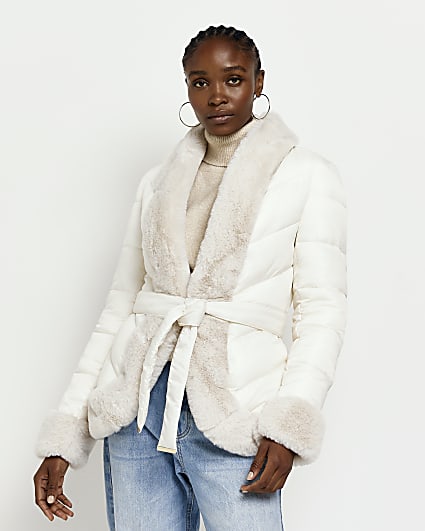 Cream fur trim belted padded jacket