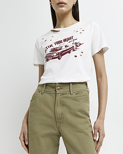 Cream graphic ripped t-shirt