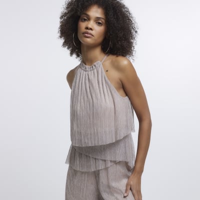 Cream Halter neck frill jumpsuit River Island