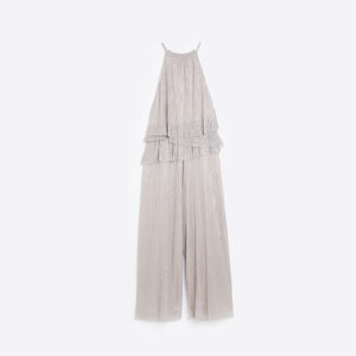 Cream Halter neck frill jumpsuit River Island