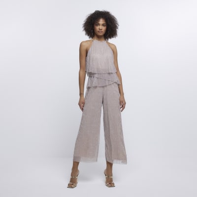 Cream Halter neck frill jumpsuit River Island