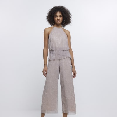 Cream Halter neck frill jumpsuit River Island