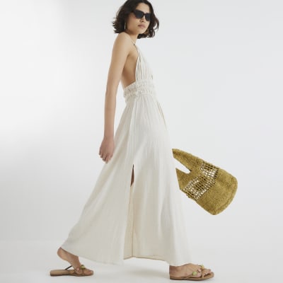 Cream Halter Neck Linen Blend Maxi Dress River Island