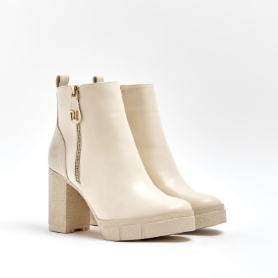 Cream heeled ankle boots River Island