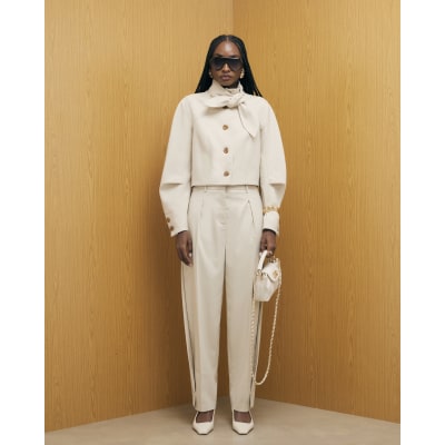 Cream Herringbone Tapered Trousers