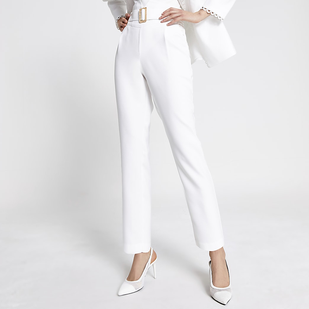 Cream high belted waist tapered trousers | River Island