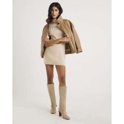 Cream High Neck Cosy Mini Dress