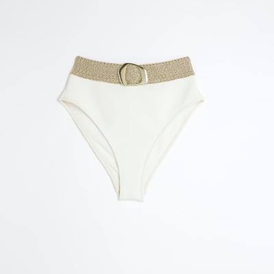 Cream high waisted buckle bikini bottoms River Island